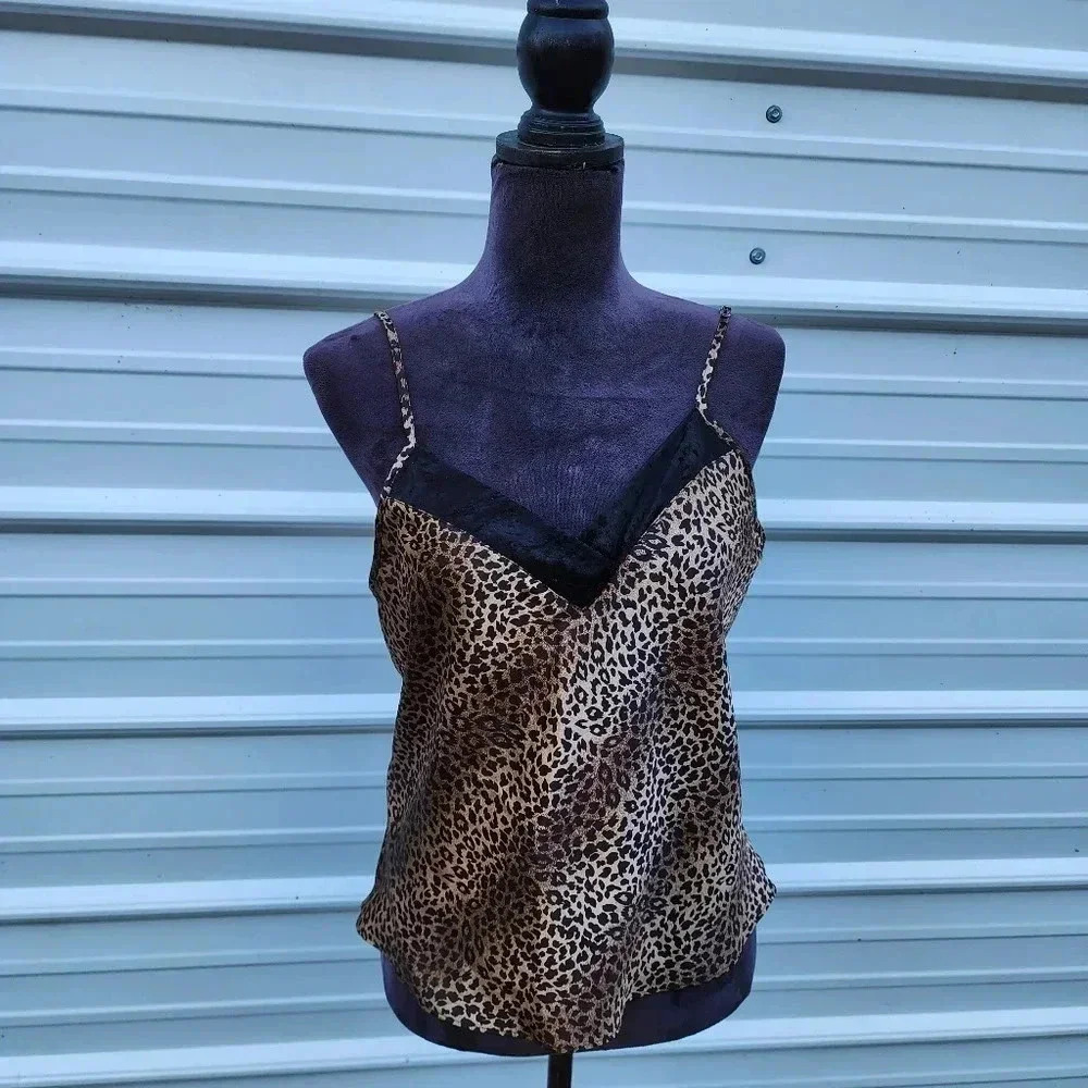 Vtg Gilligan & O’Malley Leopard Print Satin Brown Tank Top Velvet Trim Sz L